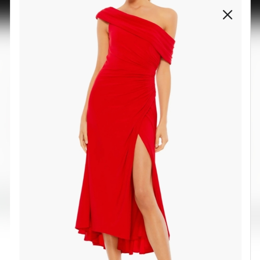Mac Duggal Foldover Ruched One-Shoulder Chiffon Midi‎ Dress
